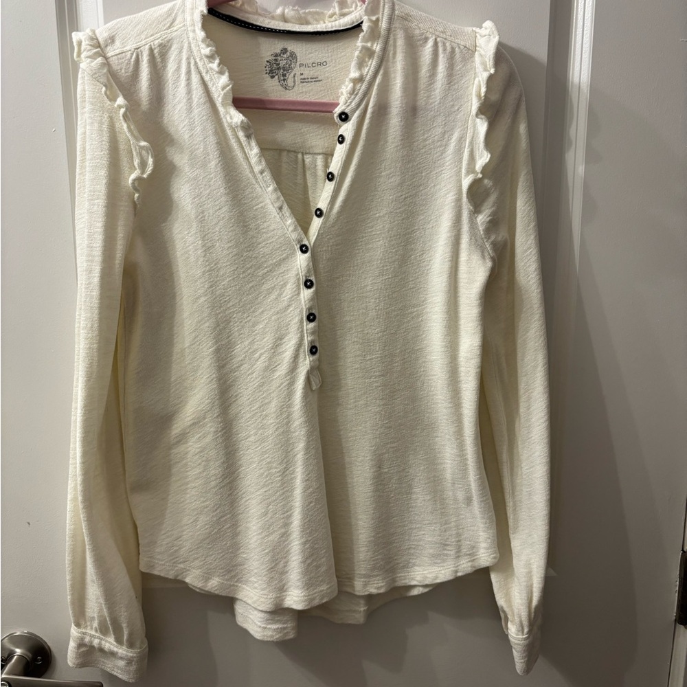 Pilcro Cream Ruffled Button-Down Top